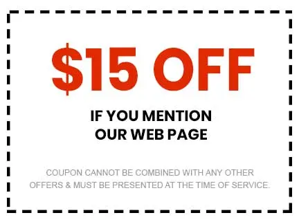 $15 off coupon for Super Plumbers, Tyler, TX, valid when mentioning the web page, with terms stating it cannot be combined with other offers.