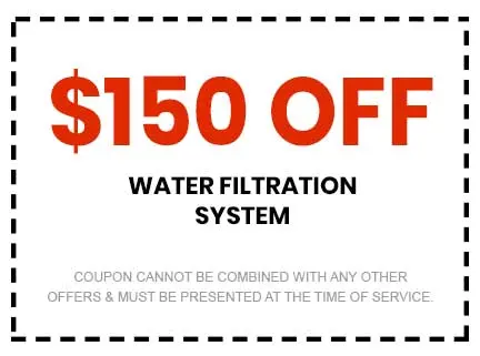 $150 off water filtration system coupon from Super Plumbers, emphasizing savings for plumbing services in Tyler, TX.
