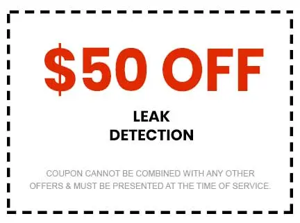 $50 off leak detection coupon from Super Plumbers, highlighting savings on plumbing services in Tyler, TX, with terms for use.
