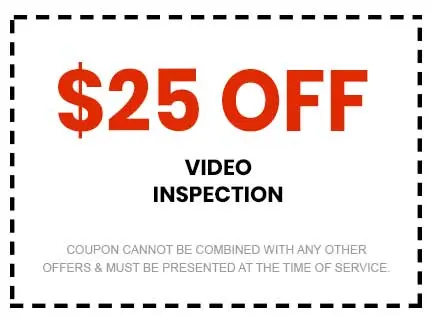 $25 off video inspection coupon for plumbing services from Super Plumbers in Tyler, TX, emphasizing savings and promotion details.
