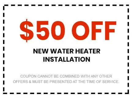 $50 off new water heater installation coupon for Super Plumbers, Tyler, TX, with terms for service presentation.