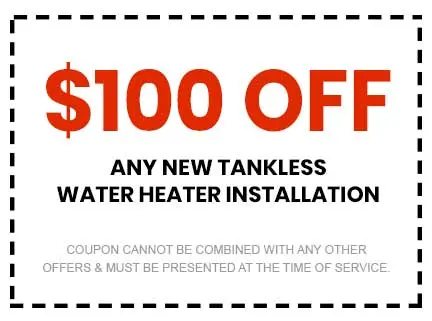 $100 off any new tankless water heater installation coupon from Super Plumbers, Tyler, TX, with terms for presentation at service time.