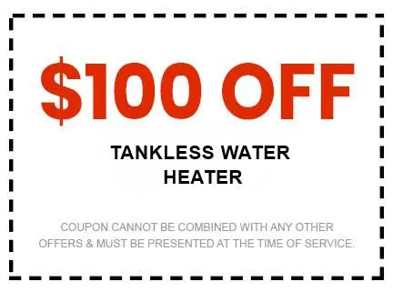 Coupon for $100 off a tankless water heater from Super Plumbers in Tyler, TX; must be presented at service.