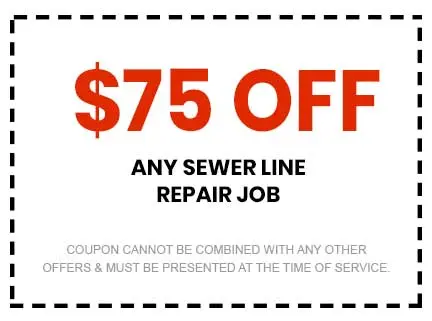 $75 off any sewer line repair job coupon from Super Plumbers, emphasizing savings for plumbing services in Tyler, TX.