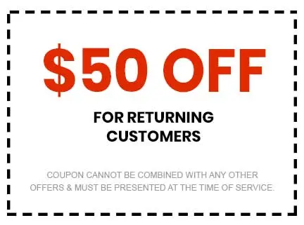 $50 off coupon for returning customers from Super Plumbers, emphasizing savings on plumbing services in Tyler, TX.