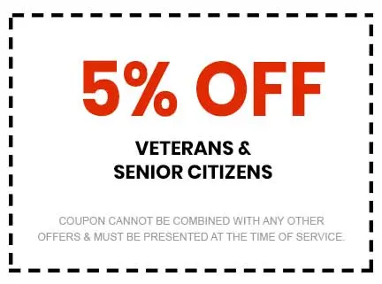 5% off coupon for veterans and senior citizens, featuring bold red text and stipulations for use, emphasizing discounts on plumbing services by Super Plumbers in Tyler, TX.