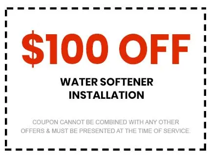 $100 off water softener installation coupon from Super Plumbers, emphasizing cost savings for plumbing services in Tyler, TX.
