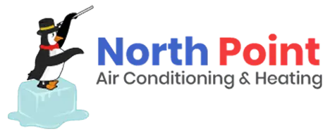 North Point Air Conditioning & Heating logo featuring a penguin on ice, representing cooling services and commitment to quality air conditioning maintenance.