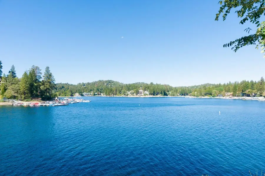 Scenic view of a tranquil lake surrounded by trees and homes, illustrating a peaceful vacation setting relevant to managing air conditioning while away.