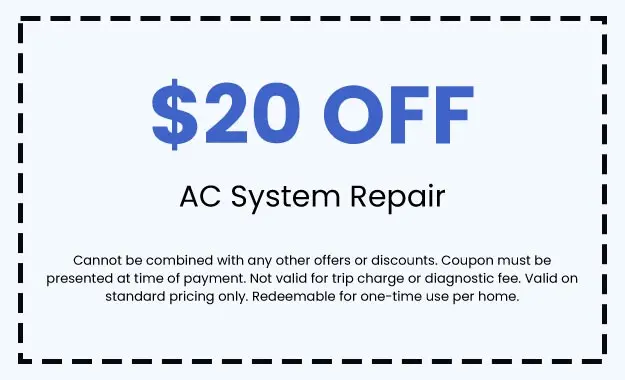 $20 off coupon for AC system repair from North Point Air Conditioning & Heating, featuring terms and conditions for redemption.
