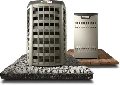 Lennox heating and cooling systems displayed on a gravel and wooden platform, emphasizing energy-efficient furnace options for homeowners in Spring, TX.
