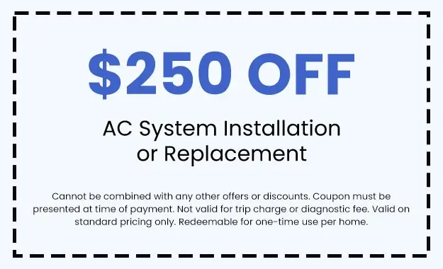 $250 off coupon for AC system installation or replacement, highlighting promotional discount for HVAC services by North Point Air Conditioning & Heating.