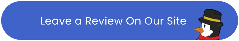 Button inviting users to leave a review on North Point Air Conditioning & Heating's website, featuring a cartoon penguin wearing a top hat on a blue background.