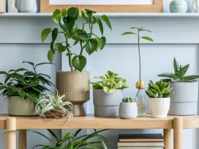 Indoor plants arranged on a wooden shelf, showcasing various species thriving in pots, emphasizing the importance of humidity for plant health in dry indoor environments.