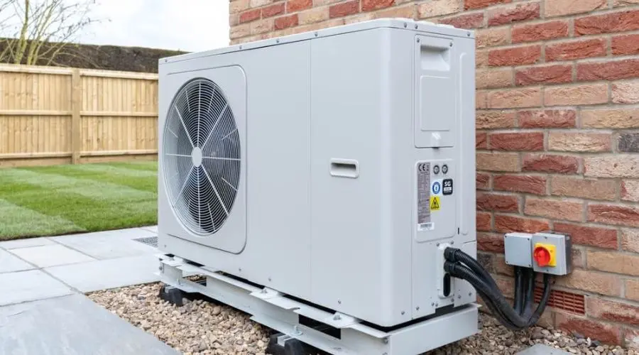 Air conditioning unit by North Point Air Conditioning & Heating, set on paving stones against a brick wall.