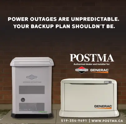 Postma installs backup generators in Chatham. Pictured are Briggs & Stratton and Generac branded generators.