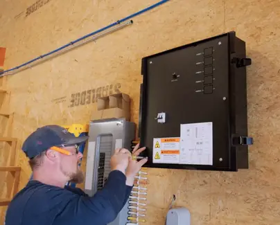 Postma technician secures the cover of an EP Cube, a smart energy storage unit designed to support EV charging and manage home energy loads efficiently.