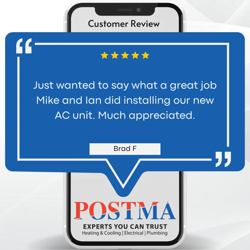 Screenshot of a 5-star customer review praising Postma's AC replacement service in Chatham-Kent