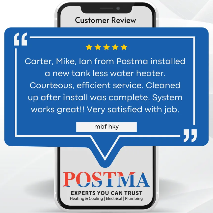 Customer review graphic for Postma technicians showing a 5-star rating. The review praises Carter, Mike, and Ian for installing a new tankless water heater with courteous, efficient service and a clean work area. Reviewer states the system works great and they are very satisfied. Postma logo with tagline: "Experts You Can Trust – Heating & Cooling | Electrical | Plumbing.