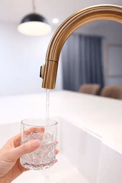 Homeowner filling a glass with softened water from a kitchen tap after water softener installation in Chatham-Kent.