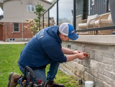 Postma electrician testing voltage on an outdoor outlet in Chatham. He is wearing a clearly marked Postma sweater with all the services Postma offers which include Heating, Cooling, Plumbing and Electrical. He is inspecting the outlet to make sure there is no damage.