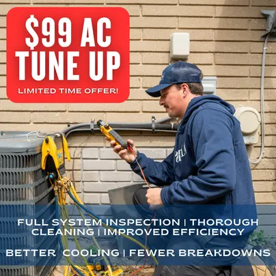 Technician from Postma Heating, Cooling, Plumbing and Electrical performing a $99 AC tune-up on an outdoor air conditioning unit, including full system inspection and preventative maintenance to improve cooling efficiency, reduce breakdowns, and prevent AC not cooling issues in summer.
