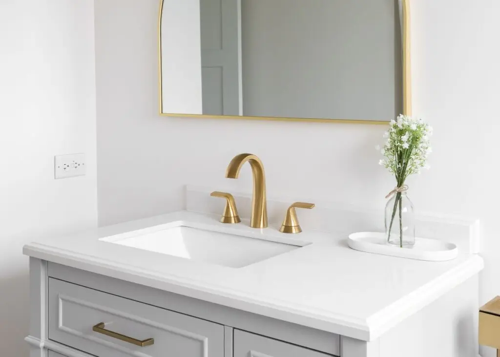 A gold faucet for a bathroom sink