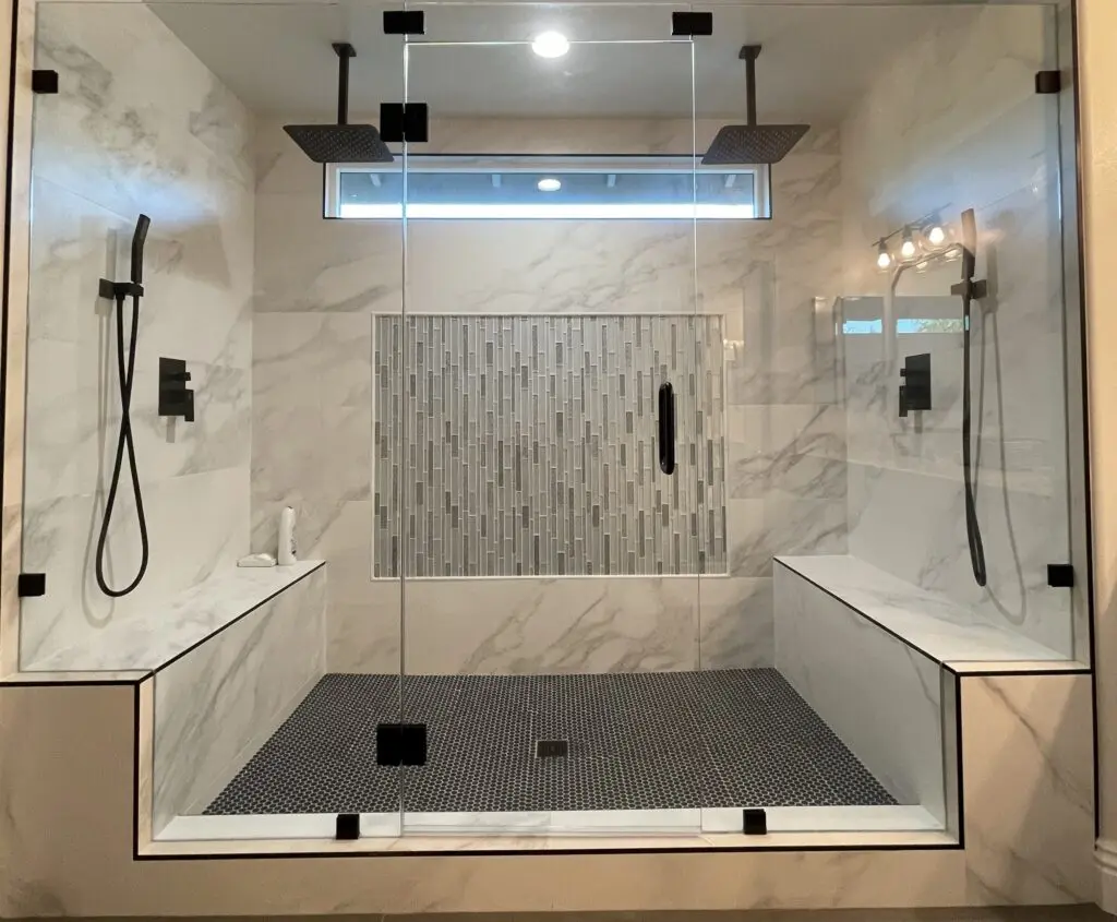 A large shower with two showerheads