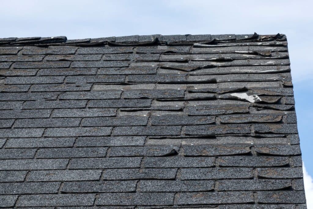 Badly damaged roof shingles with granule loss