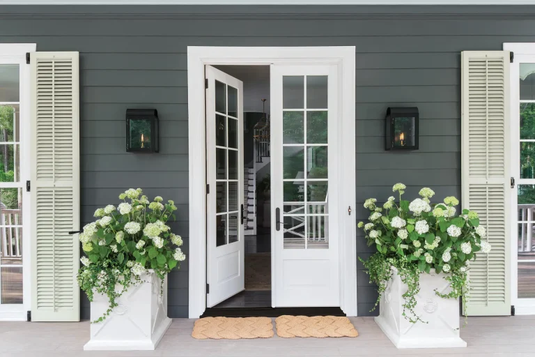 french doors interior two plants outside