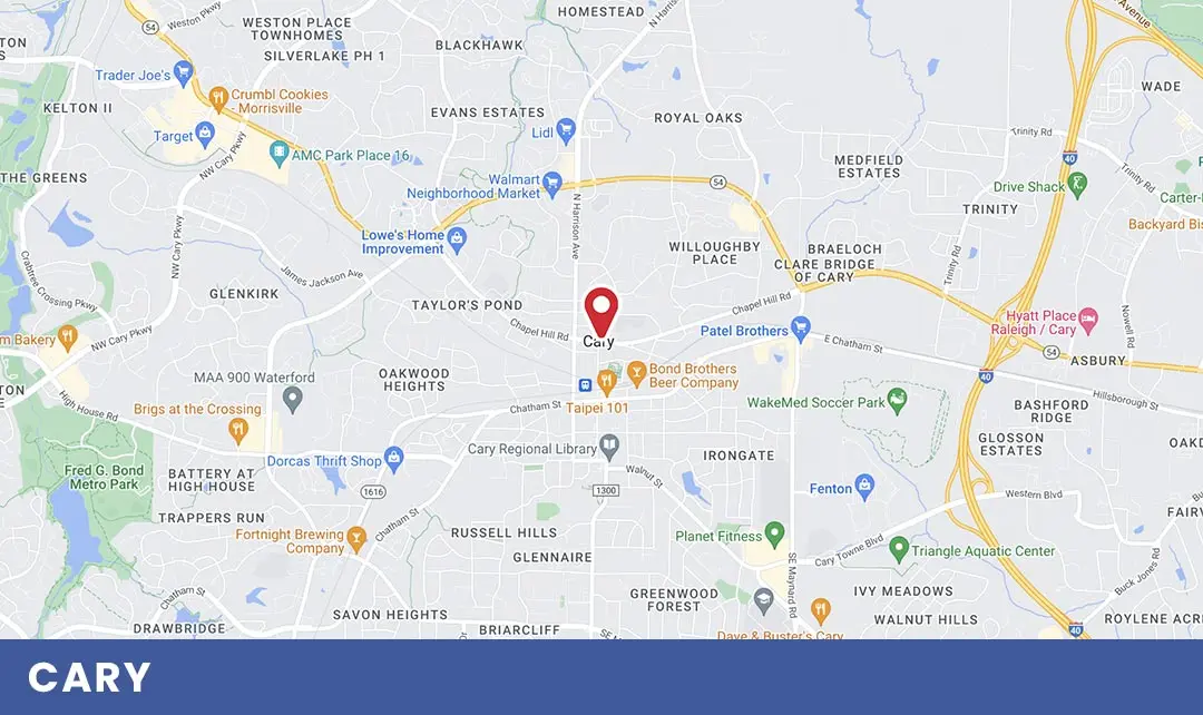 Map of Cary, NC highlighting key locations relevant to Air Works Heating & Air plumbing services, including water heater repair and drain cleaning.