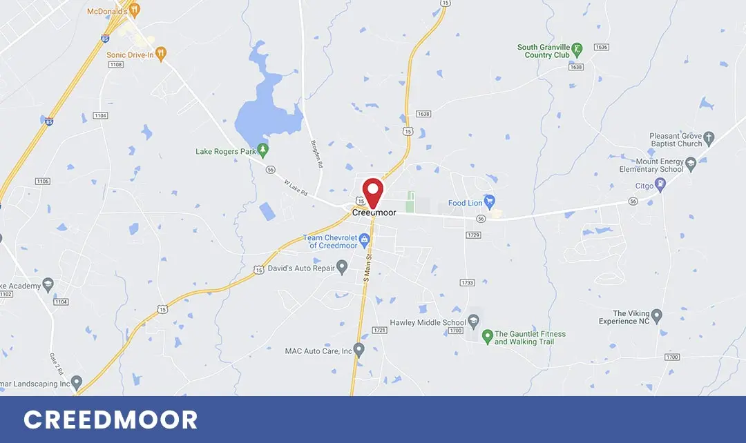Map of Creedmoor, NC, highlighting key locations including Food Lion, schools, and parks, relevant for Air Works Heating & Air's service area.