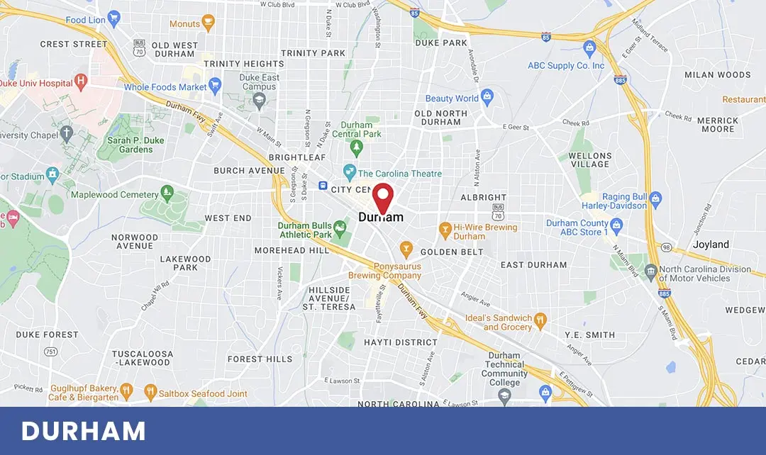 Map of Durham, NC, highlighting key locations and neighborhoods relevant to Air Works Heating & Air's HVAC services.