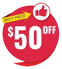 $50 off promotion badge with "Best Price" label and thumbs-up icon, relevant to Air Works Heating & Air services in Wake Forest, NC.