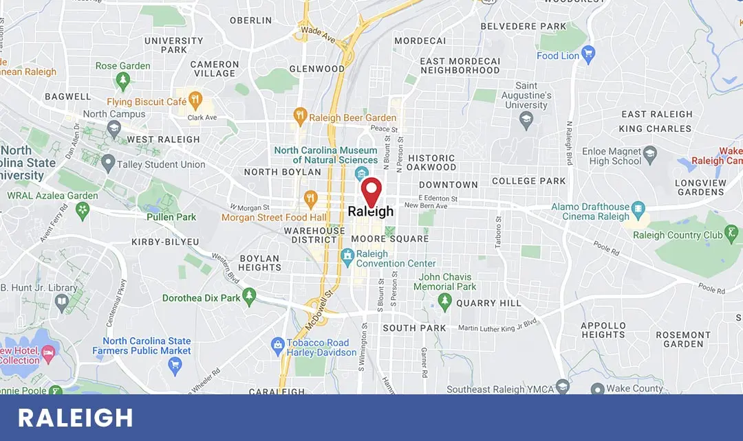 Map of Raleigh, NC highlighting key areas relevant to Air Works Heating & Air services, including residential neighborhoods and local landmarks.