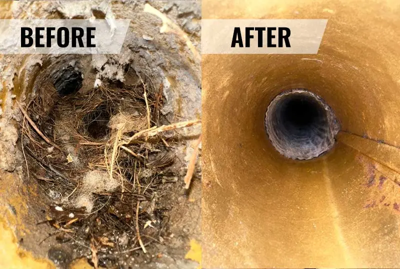 Before and after images of a dryer vent; left side shows a clogged vent filled with lint and debris, right side displays a clean, clear vent indicating professional dryer vent cleaning services by Air Works Heating & Air in Wake Forest, NC.