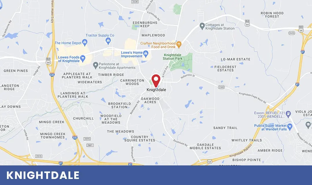 Map of Knightdale, NC highlighting key areas and landmarks relevant to Air Works Heating & Air services.