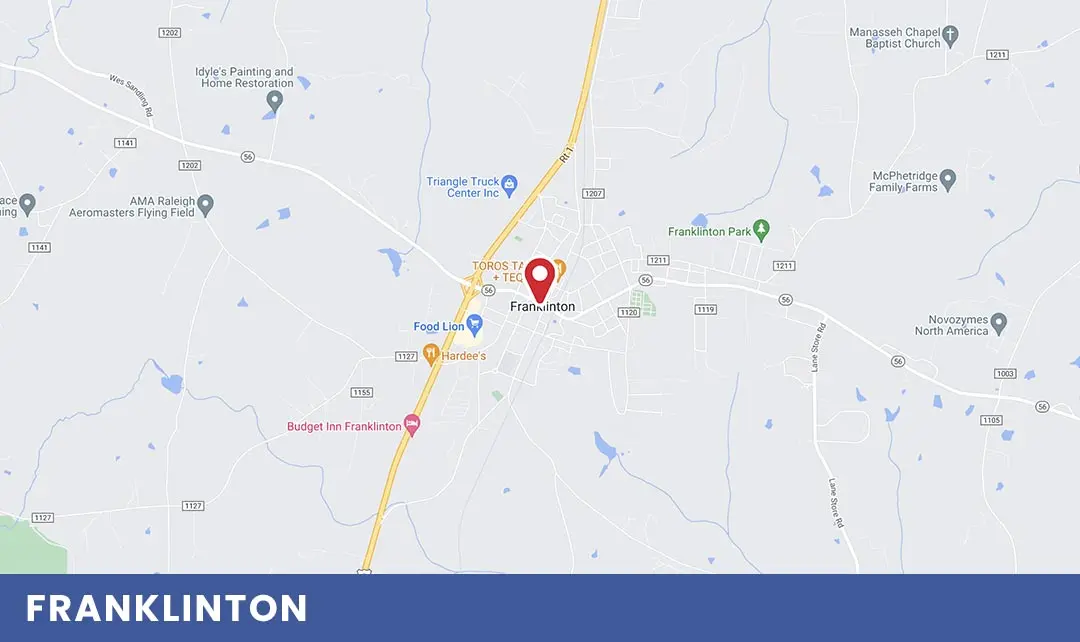 Map of Franklinton, NC, highlighting key locations and businesses, relevant for Air Works Heating & Air's heating services in the area.
