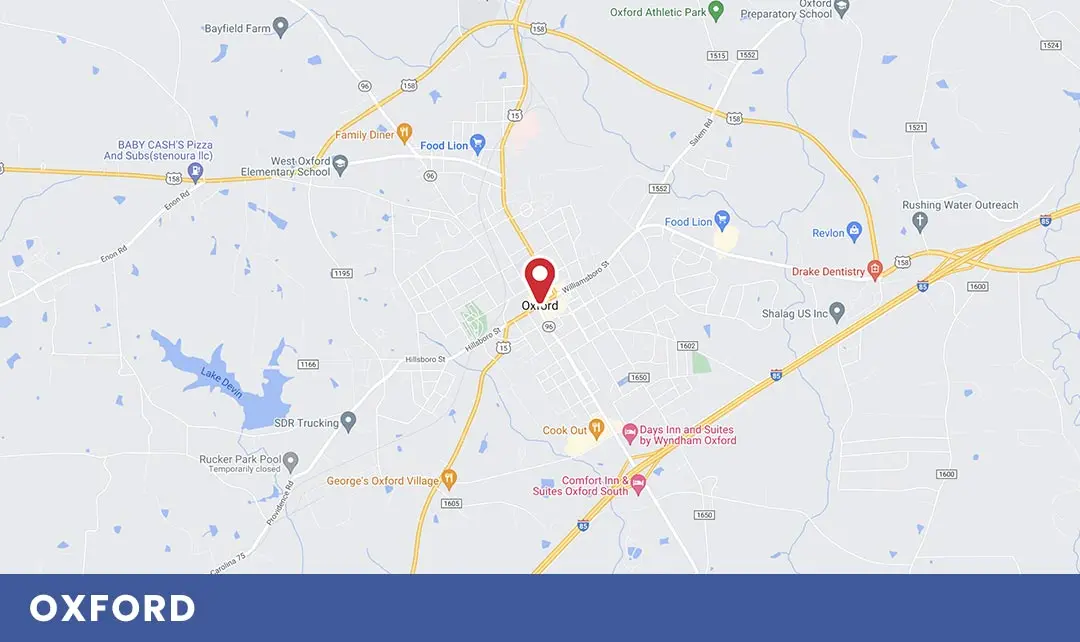 Map of Oxford, NC, highlighting key locations and streets relevant to local plumbing services offered by Air Works Heating & Air.