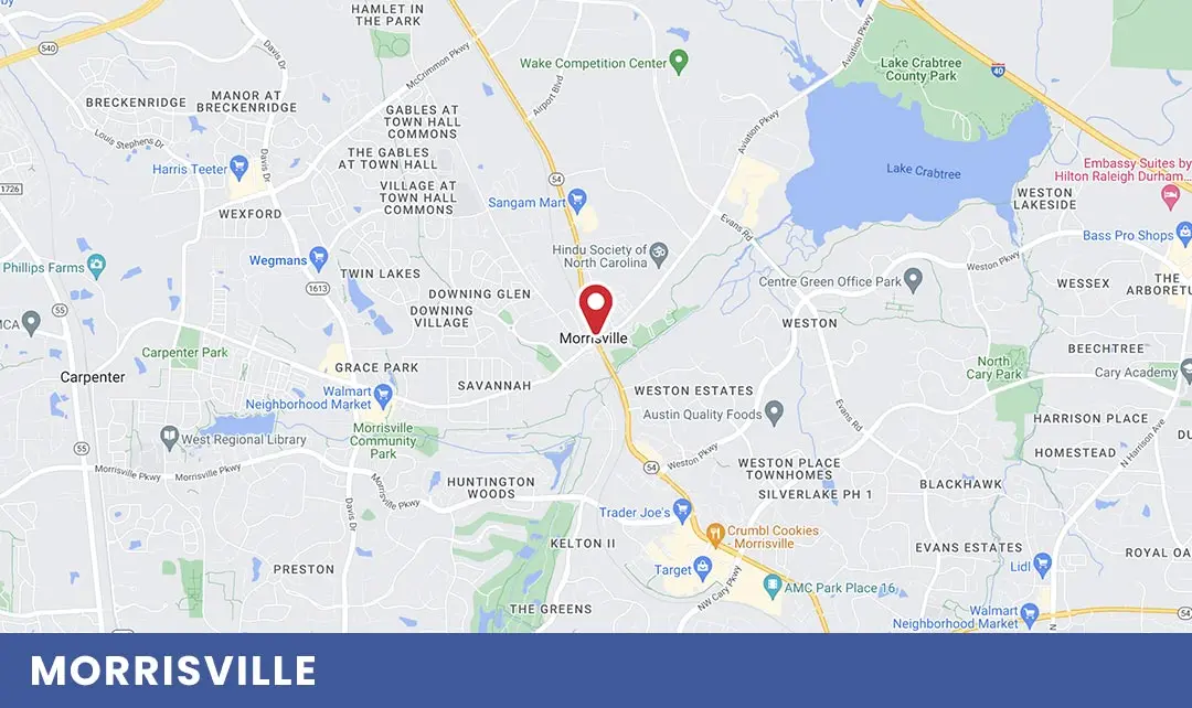Map of Morrisville, NC highlighting key locations relevant to Air Works Heating & Air's HVAC services and community.