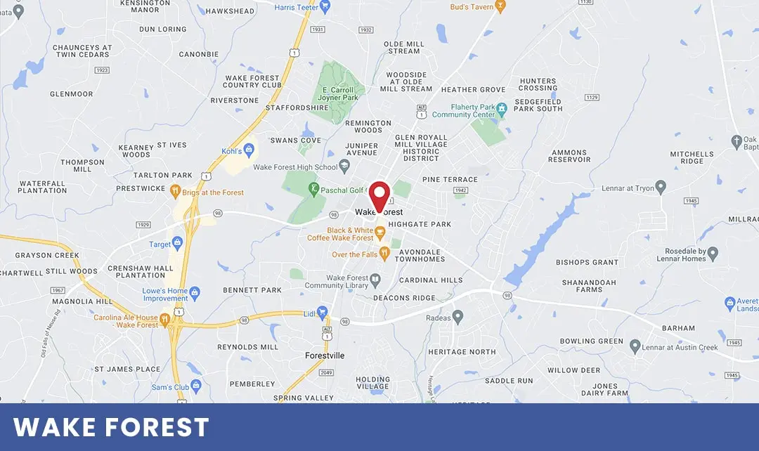 Map of Wake Forest, NC, highlighting local landmarks and businesses, relevant for plumbing service inquiries by Air Works Heating & Air.