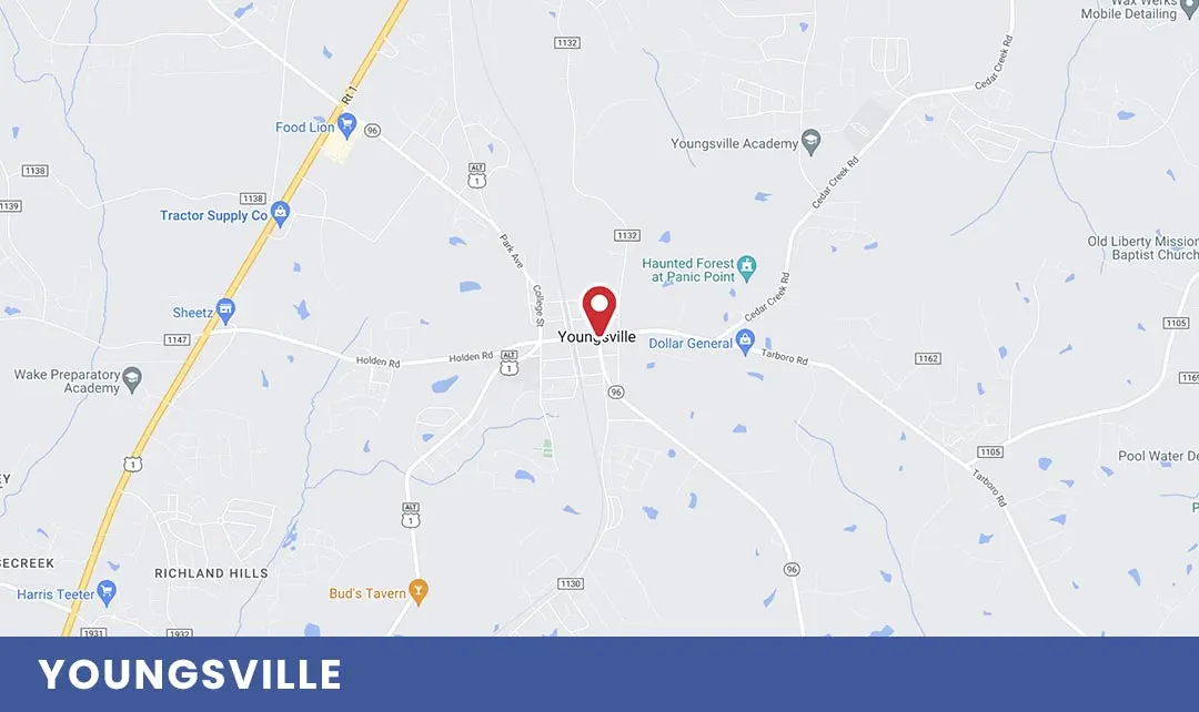 Map of Youngsville, NC, highlighting key locations and services, relevant to Air Works Heating & Air's heating and cooling services.