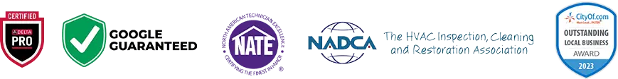 AirWorks Heating & Air Trust Bages: Google Gauranteed, Nate Certified, Outstanding Local Business, NADCA