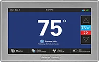 Thermostat control display showing temperature setting of 75°F, featuring touchscreen interface and navigation buttons, relevant to Air Works Heating & Air thermostat offerings.