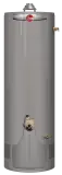 Rheem water heater, tall cylindrical design, featuring energy-efficient technology and performance specifications, promoting plumbing and HVAC services by The Darville Company.