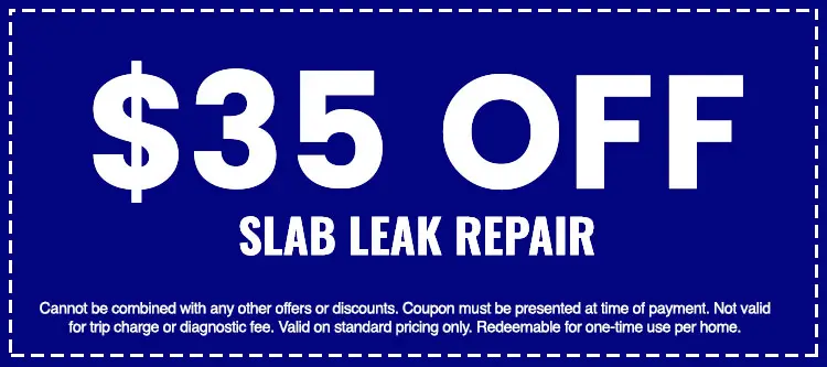 $35 off slab leak repair coupon from The Darville Company, featuring terms and conditions for plumbing service discounts.