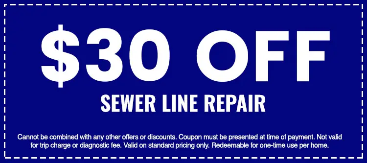 $30 off coupon for sewer line repair from The Darville Company, highlighting savings on plumbing services, with terms for use and restrictions.