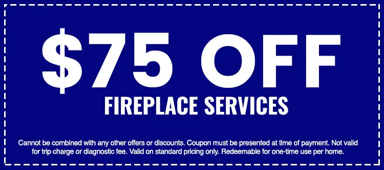 $75 off fireplace services coupon from The Darville Company, emphasizing savings on home heating services.
