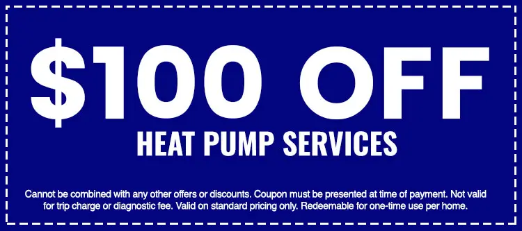 $100 off heat pump services coupon from The Darville Company, highlighting savings on HVAC services, with terms and conditions for use.