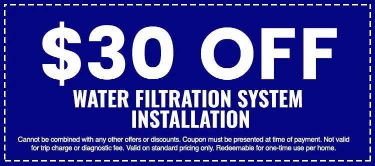 $30 off water filtration system installation coupon from The Darville Company, highlighting savings on plumbing services.
